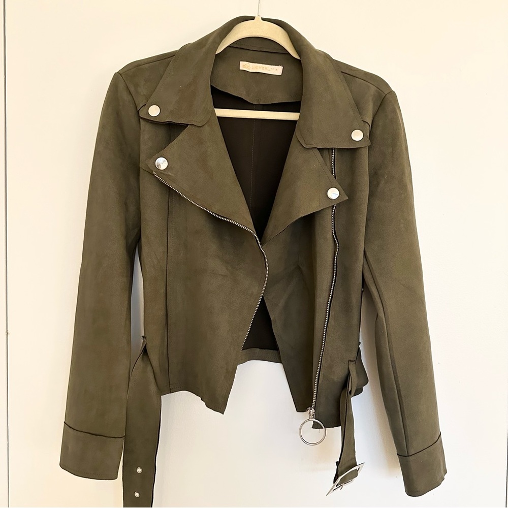 Olive Green Vegan Faux Suede Moto Biker Jacket
